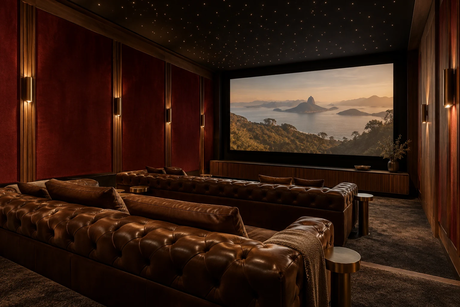 Cinema com painéis de veludo, teto de estrelas e sofás de couro