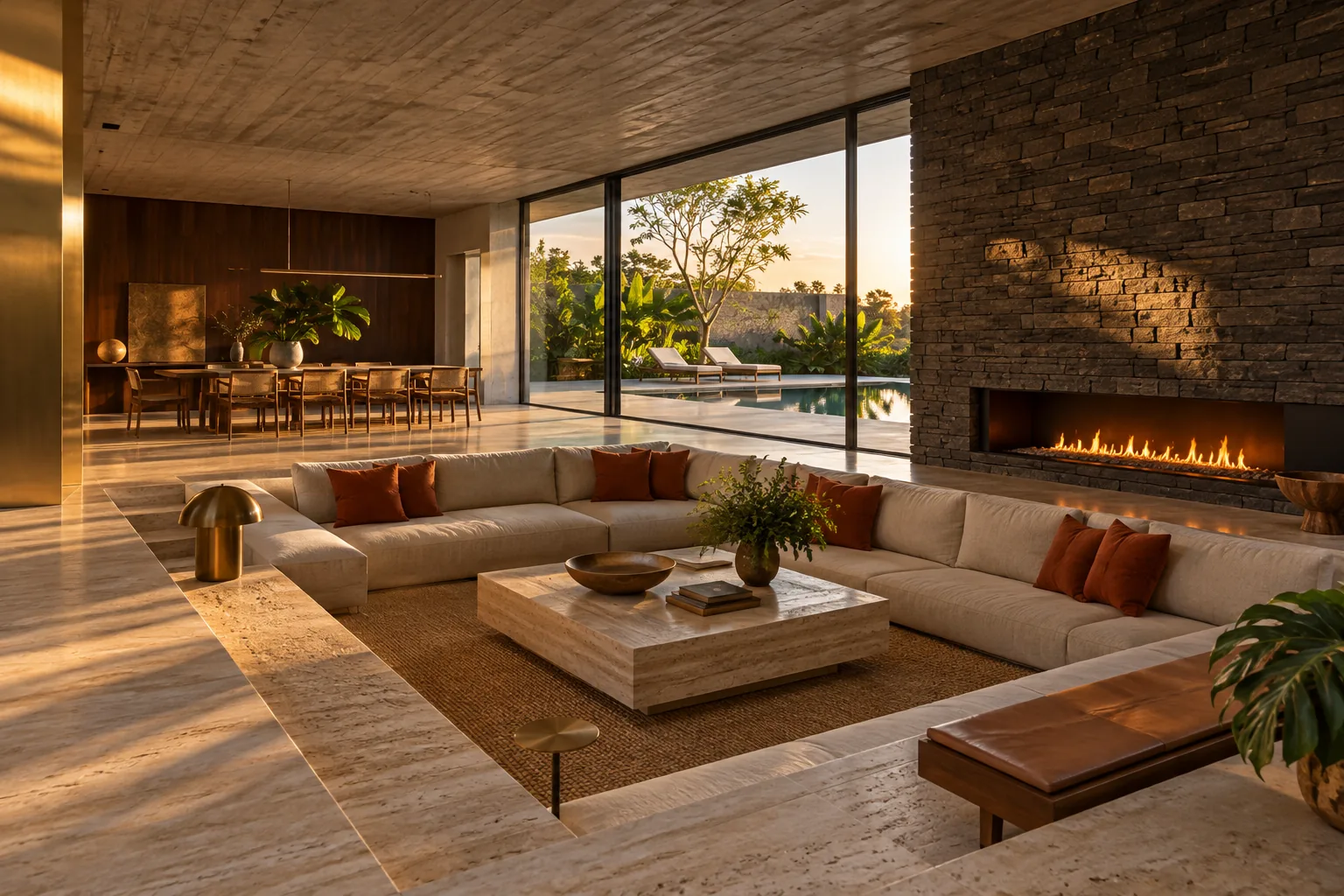 Sala de estar rebaixada com lareira