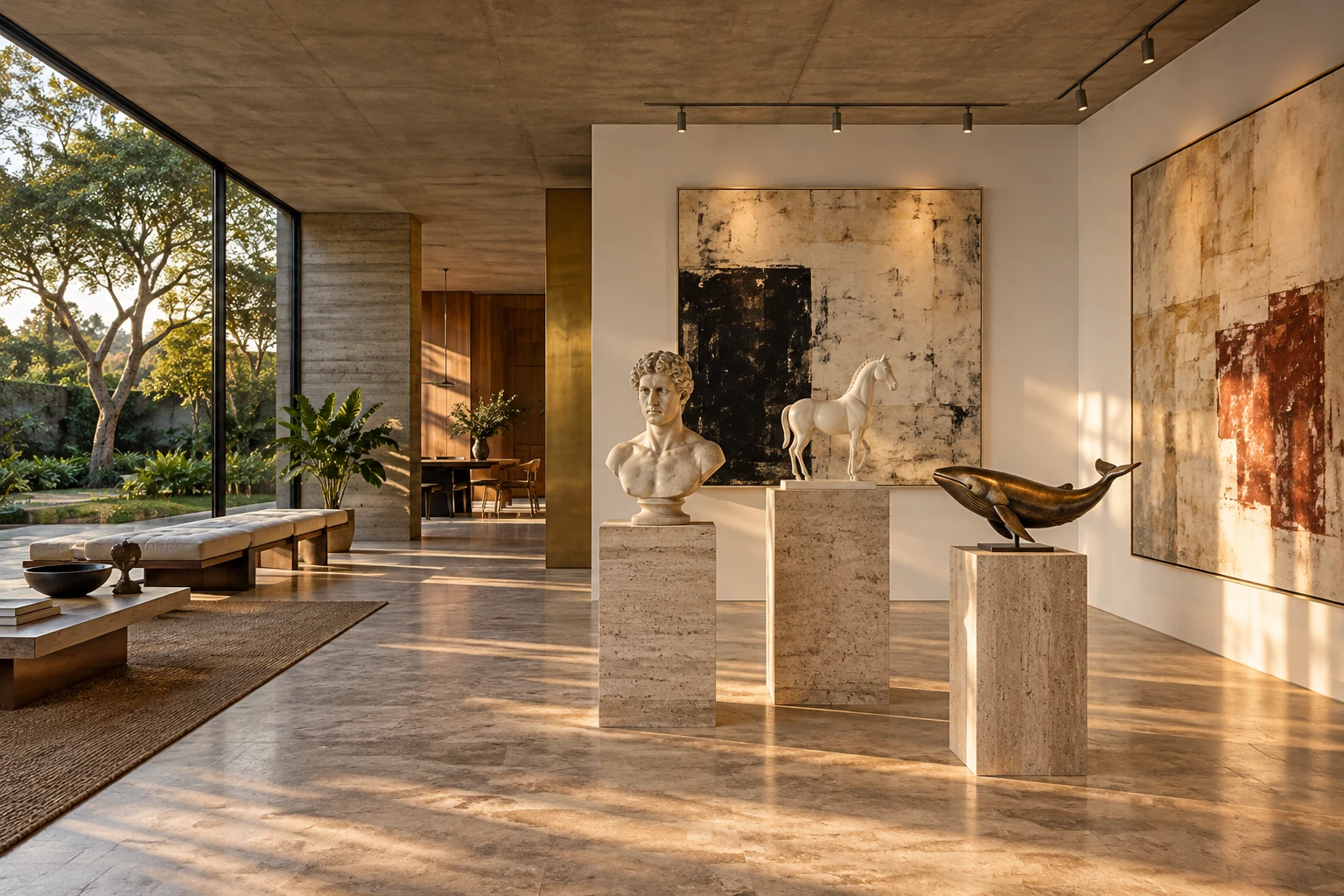 Galeria com busto de mármore, cavalo de porcelana e baleia de bronze